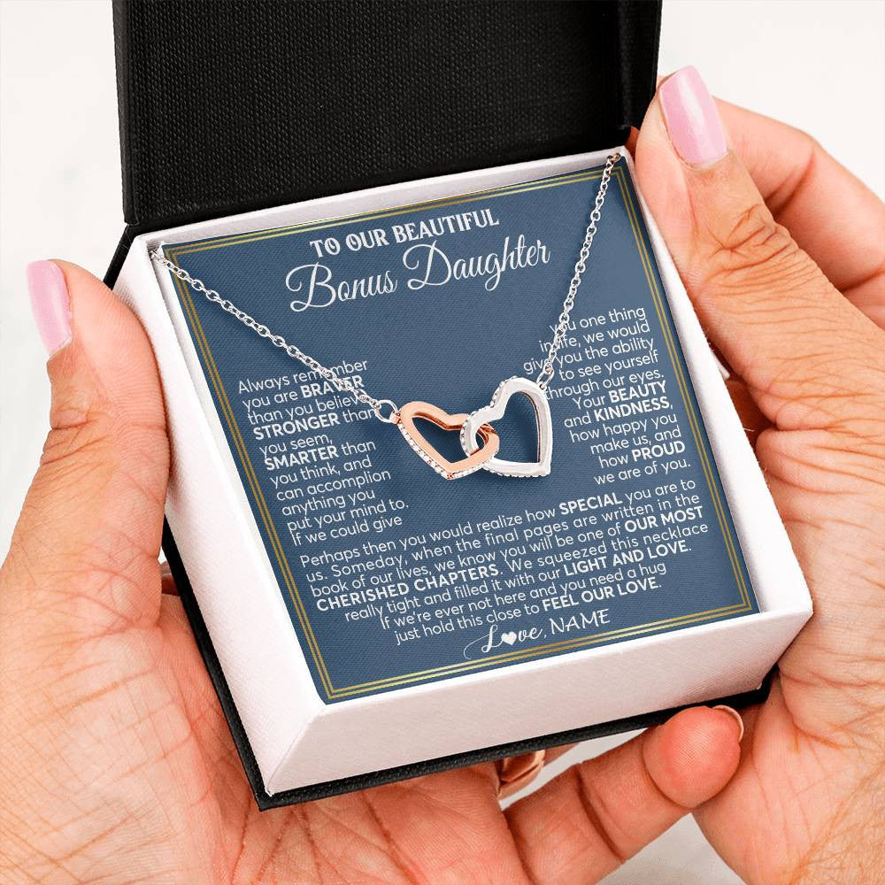 Interlocking Hearts Necklace Stainless Steel & Rose Gold Finish | 2 | Personalized To Our Beautiful Bonus Daughter Necklace From Stepmom Stepdad Always Remember Stepdaughter Birthday Christmas Customized Gift Box Message Card | siriusteestore