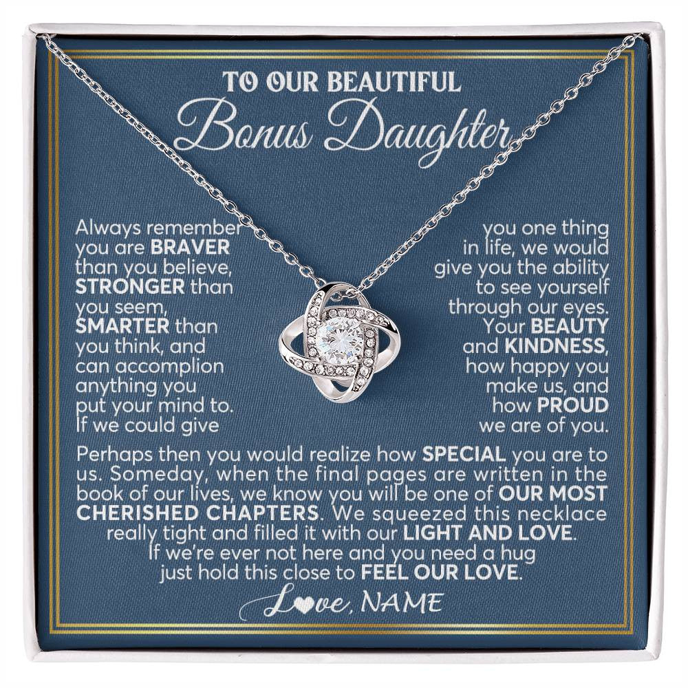Love Knot Necklace 14K White Gold Finish | 1 | Personalized To Our Beautiful Bonus Daughter Necklace From Stepmom Stepdad Always Remember Stepdaughter Birthday Christmas Customized Gift Box Message Card | siriusteestore