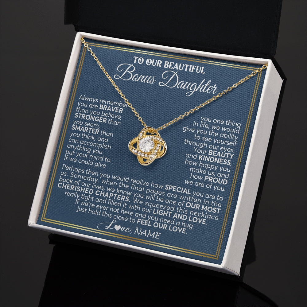 Love Knot Necklace 18K Yellow Gold Finish | 2 | Personalized To Our Beautiful Bonus Daughter Necklace From Stepmom Stepdad Always Remember Stepdaughter Birthday Christmas Customized Gift Box Message Card | https://siriusteestore.