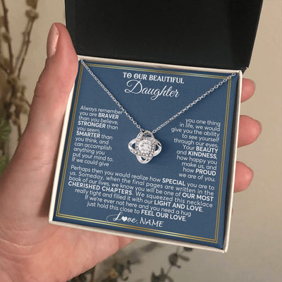 Love Knot Necklace 14K White Gold Finish | 2 | Personalized To Our Beautiful Daughter Necklace From Mom Dad Always Remember Daughter Birthday Graduation Christmas Customized Gift Box Message Card | https://siriusteestore.