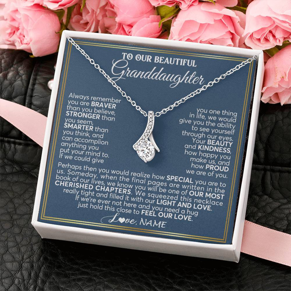 Alluring Beauty Necklace 14K White Gold Finish | 2 | Personalized To Our Beautiful Granddaughter Necklace From Grandma Grandpa Always Remember Granddaughter Birthday Christmas Customized Gift Box Message Card | siriusteestore
