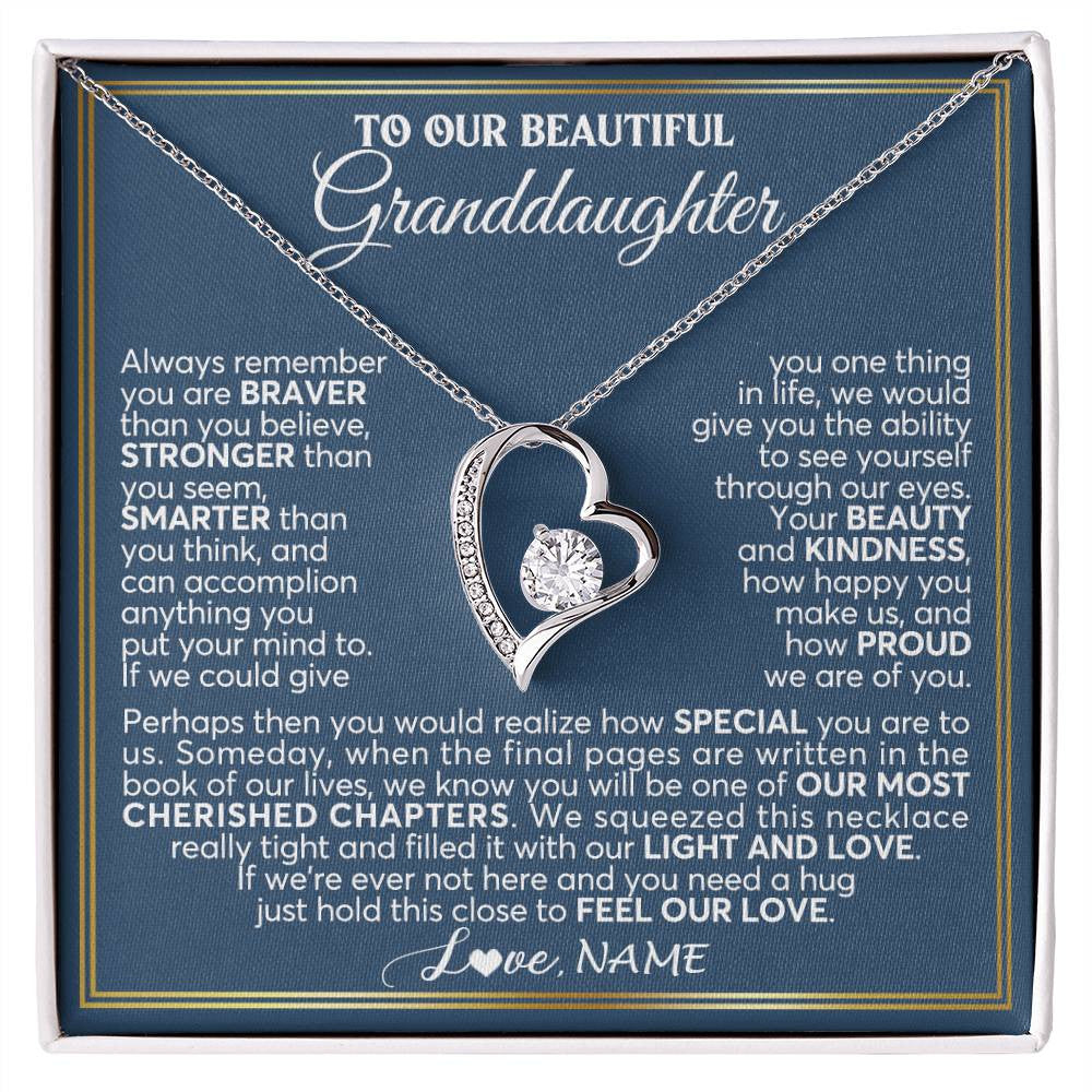Forever Love Necklace 14K White Gold Finish | 1 | Personalized To Our Beautiful Granddaughter Necklace From Grandma Grandpa Always Remember Granddaughter Birthday Christmas Customized Gift Box Message Card | siriusteestore
