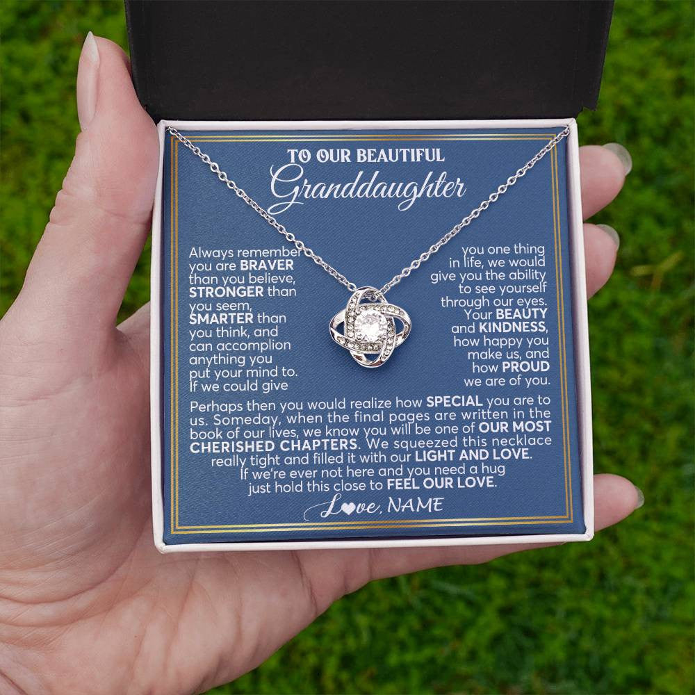 Love Knot Necklace 14K White Gold Finish | 2 | Personalized To Our Beautiful Granddaughter Necklace From Grandma Grandpa Always Remember Granddaughter Birthday Christmas Customized Gift Box Message Card | siriusteestore