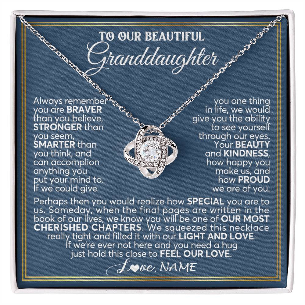 Love Knot Necklace 14K White Gold Finish | 1 | Personalized To Our Beautiful Granddaughter Necklace From Grandma Grandpa Always Remember Granddaughter Birthday Christmas Customized Gift Box Message Card | siriusteestore