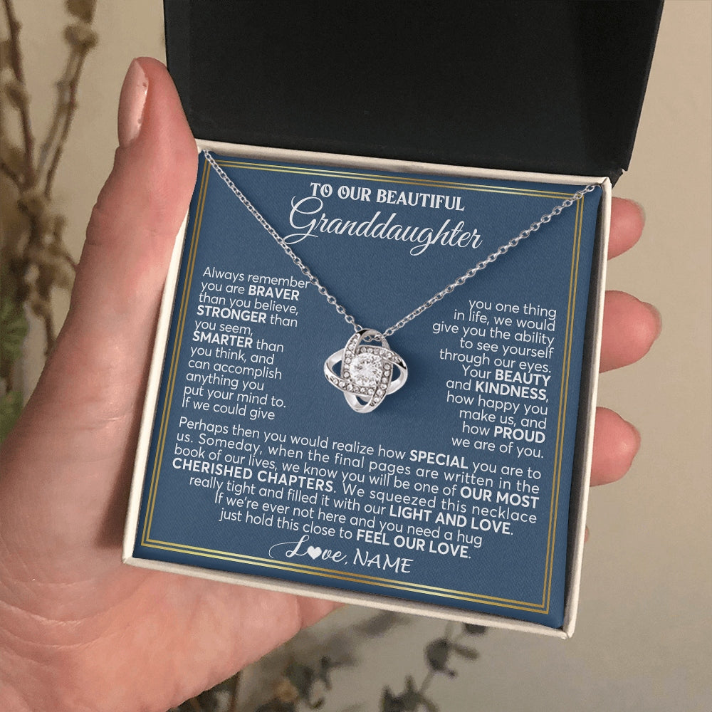 Love Knot Necklace 14K White Gold Finish | 2 | Personalized To Our Beautiful Granddaughter Necklace From Grandma Grandpa Always Remember Granddaughter Birthday Christmas Customized Gift Box Message Card | https://siriusteestore.