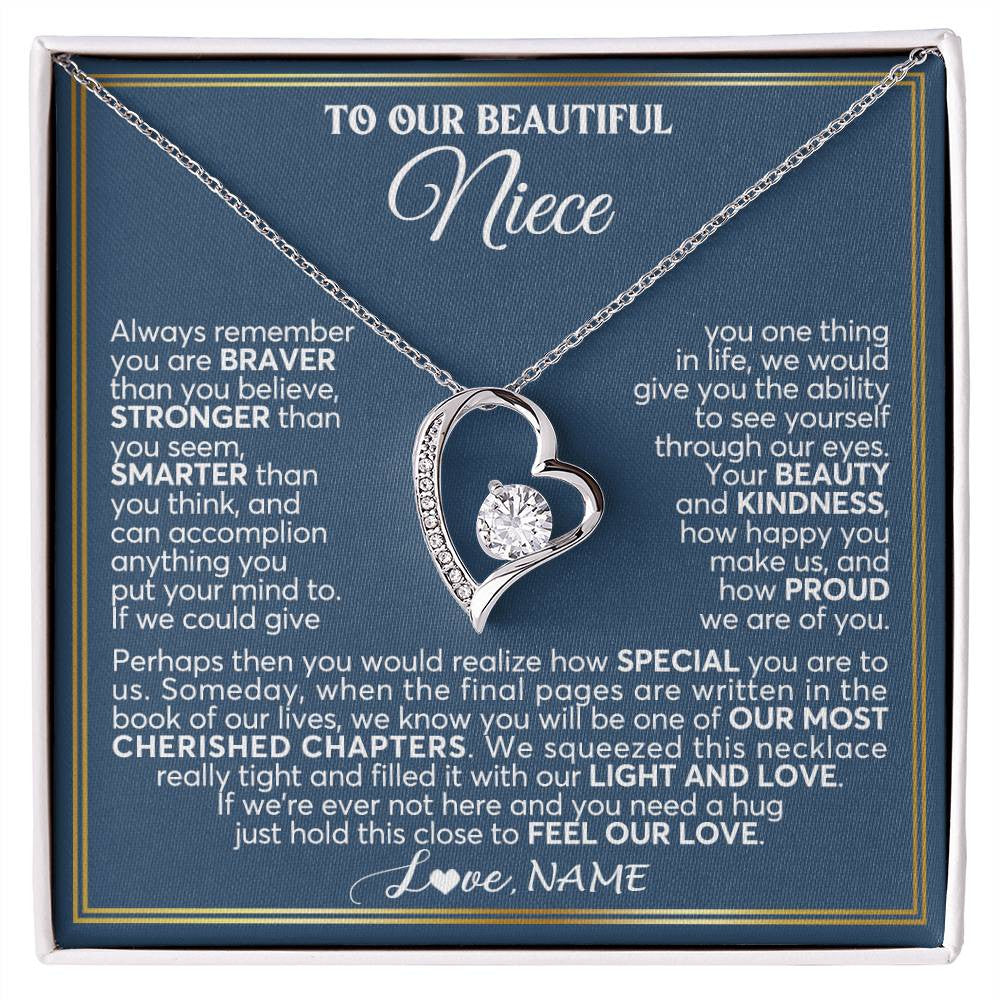 Forever Love Necklace 14K White Gold Finish | 1 | Personalized To Our Beautiful Niece Necklace From Aunt Uncle Always Remember Stepdaughter Birthday Graduation Christmas Customized Gift Box Message Card | siriusteestore
