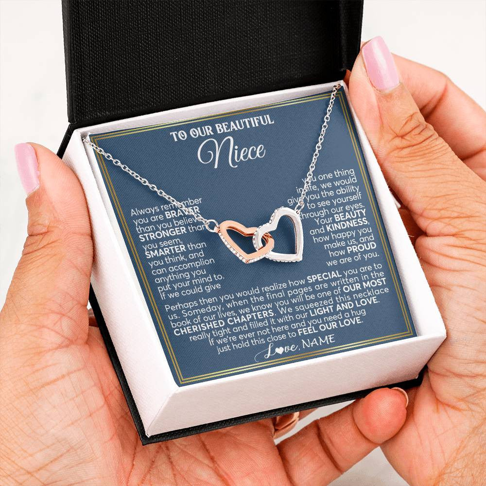 Interlocking Hearts Necklace Stainless Steel & Rose Gold Finish | 2 | Personalized To Our Beautiful Niece Necklace From Aunt Uncle Always Remember Stepdaughter Birthday Graduation Christmas Customized Gift Box Message Card | siriusteestore