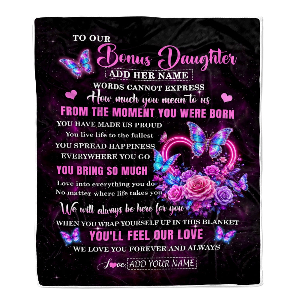Personalized To Our Bonus Daughter Blanket Sentimental Gift From Stepmother Words Of Love For Stepdaughter Birthday Christmas Gifts Fleece Throw Blanket Shirt & Hoodie | siriusteestore