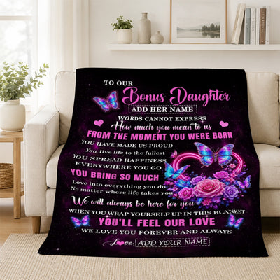Personalized To Our Bonus Daughter Blanket Sentimental Gift From Stepmother Words Of Love For Stepdaughter Birthday Christmas Gifts Fleece Throw Blanket Shirt & Hoodie | siriusteestore