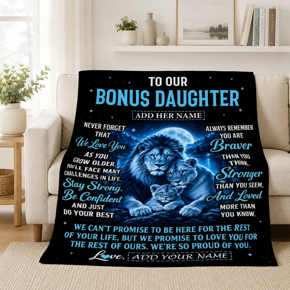 Personalized To Our Bonus Daughter Gift Blanket From Stepmother Stepdad Lion Love Letter Graduation Gift Stepdaughter Birthday Gifts Christmas Fleece Blanket | siriusteestore