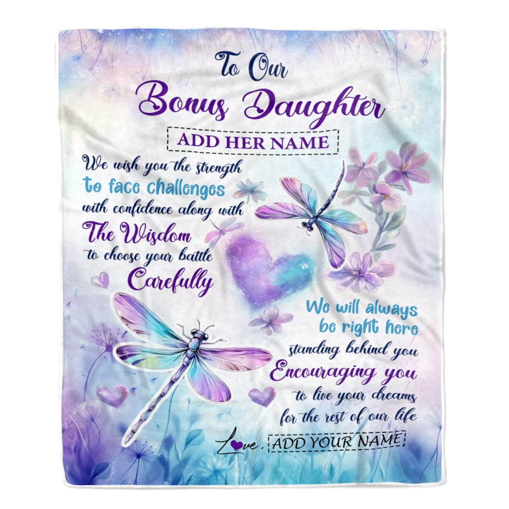 Personalized To Our Bonus Daughter Gifts Blanket From Stepmom Stepdad Always Be Right Here Dragonfly Birthday Gifts For Stepdaughter Christmas Fleece Blanket | siriusteestore