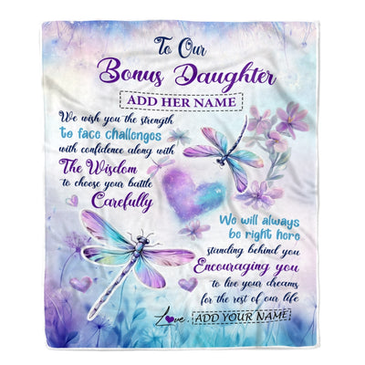 Personalized To Our Bonus Daughter Gifts Blanket From Stepmom Stepdad Always Be Right Here Dragonfly Birthday Gifts For Stepdaughter Christmas Fleece Blanket | siriusteestore