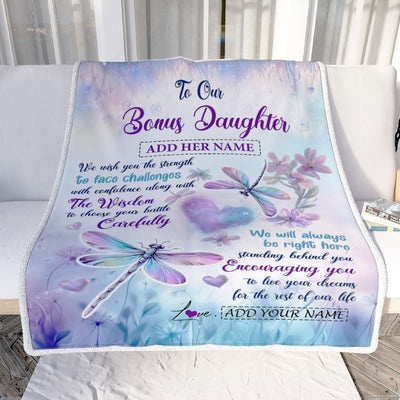 Personalized To Our Bonus Daughter Gifts Blanket From Stepmom Stepdad Always Be Right Here Dragonfly Birthday Gifts For Stepdaughter Christmas Fleece Blanket | siriusteestore