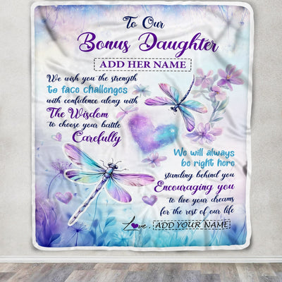 Personalized To Our Bonus Daughter Gifts Blanket From Stepmom Stepdad Always Be Right Here Dragonfly Birthday Gifts For Stepdaughter Christmas Fleece Blanket | siriusteestore