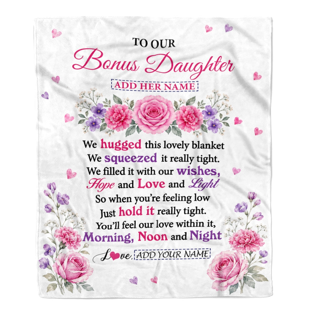 Personalized To Our Bonus Daughter Gifts Blanket From Stepmom Stepdad Floral Purple Pink Lovely Message Birthday Gift For Stepdaughter Christmas Fleece Blanket | siriusteestore