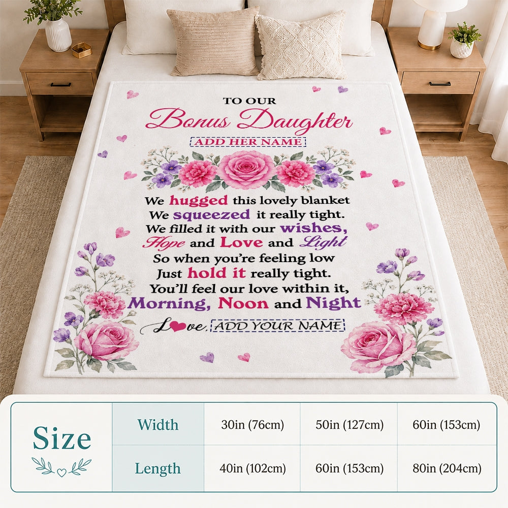 Personalized To Our Bonus Daughter Gifts Blanket From Stepmom Stepdad Floral Purple Pink Lovely Message Birthday Gift For Stepdaughter Christmas Fleece Blanket | siriusteestore