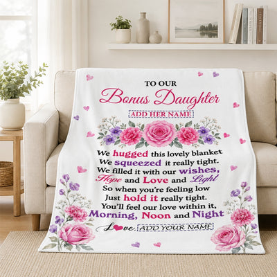 Personalized To Our Bonus Daughter Gifts Blanket From Stepmom Stepdad Floral Purple Pink Lovely Message Birthday Gift For Stepdaughter Christmas Fleece Blanket | siriusteestore