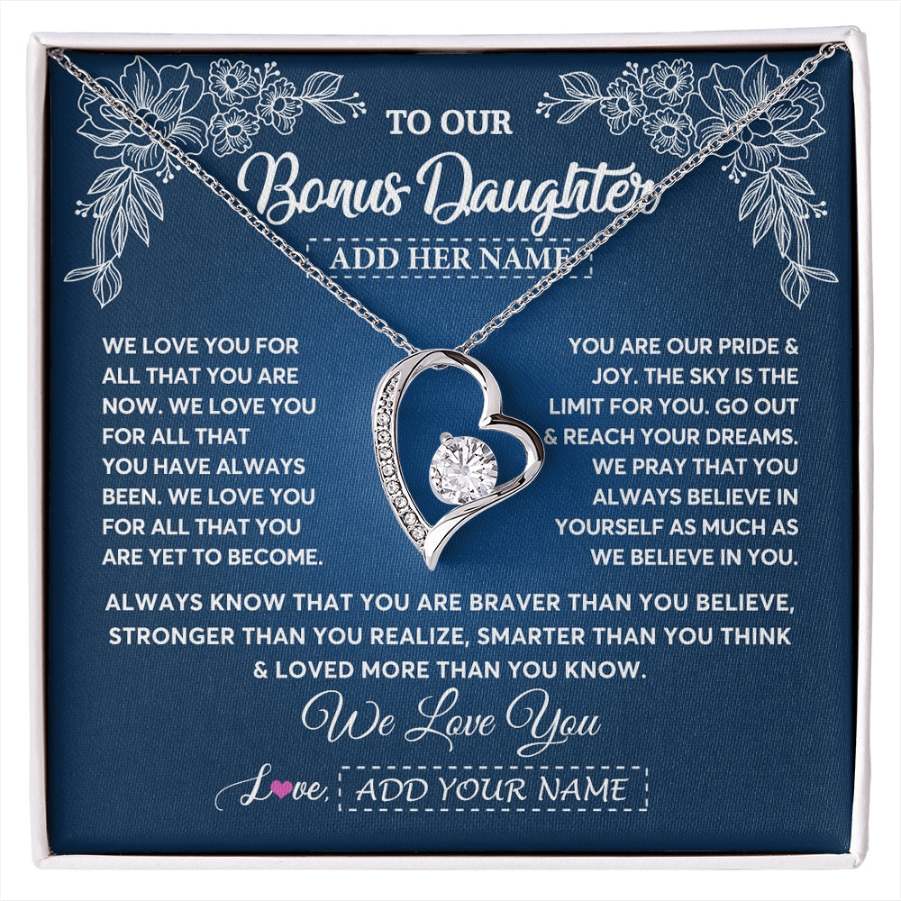 Forever Love Necklace 14K White Gold Finish | 1 | Personalized To Our Bonus Daughter Gifts From Stepmom Necklace We Love You Jewelry Present Gift Stepdaughter Birthday Christmas Custom Gift Box Message Card | https://siriusteestore.