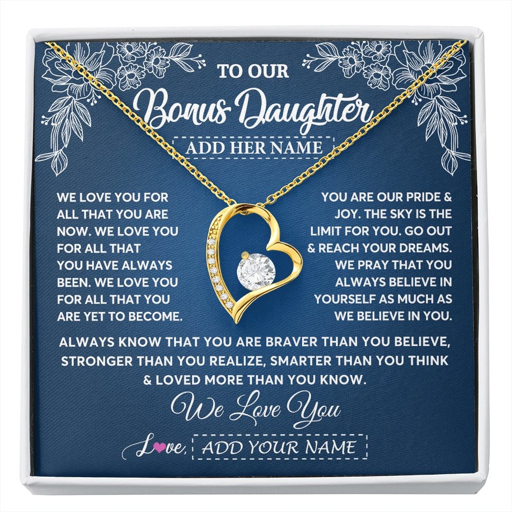 Forever Love Necklace 18K Yellow Gold Finish | 1 | Personalized To Our Bonus Daughter Gifts From Stepmom Necklace We Love You Jewelry Present Gift Stepdaughter Birthday Christmas Custom Gift Box Message Card | https://siriusteestore.
