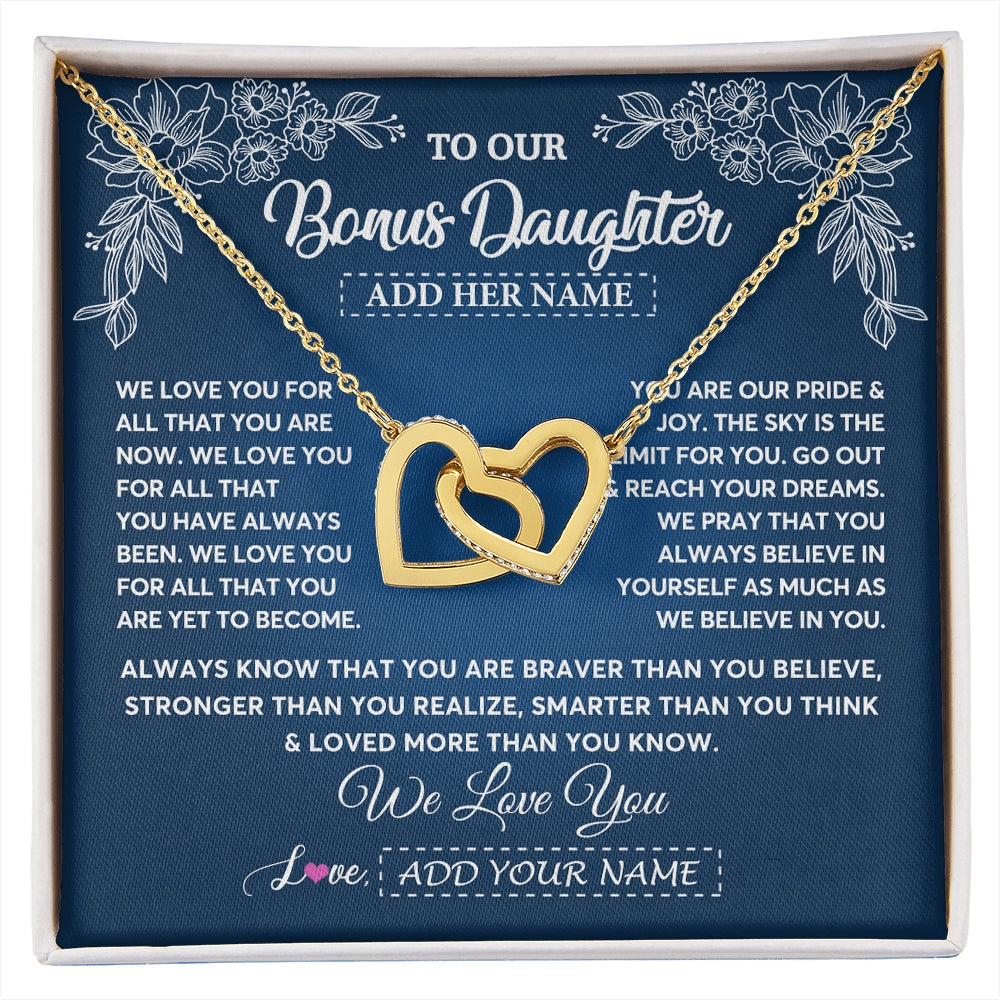 Interlocking Hearts Necklace 18K Yellow Gold Finish | 1 | Personalized To Our Bonus Daughter Gifts From Stepmom Necklace We Love You Jewelry Present Gift Stepdaughter Birthday Christmas Custom Gift Box Message Card | https://siriusteestore.
