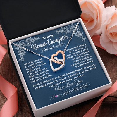 Interlocking Hearts Necklace Stainless Steel & Rose Gold Finish | 2 | Personalized To Our Bonus Daughter Gifts From Stepmom Necklace We Love You Jewelry Present Gift Stepdaughter Birthday Christmas Custom Gift Box Message Card | https://siriusteestore.