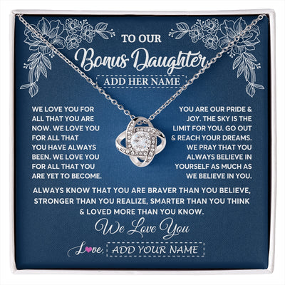 Love Knot Necklace 14K White Gold Finish | 1 | Personalized To Our Bonus Daughter Gifts From Stepmom Necklace We Love You Jewelry Present Gift Stepdaughter Birthday Christmas Custom Gift Box Message Card | https://siriusteestore.