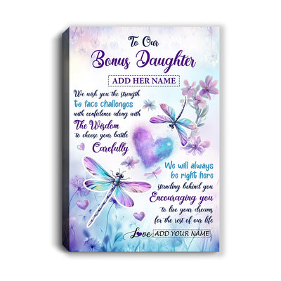 Personalized To Our Bonus Daughter Gifts From Stepmom Stepdad Always Be Right Here Dragonfly Birthday Gifts For Stepdaughter Christmas Custom Wall Art Framed Canvas | siriusteestore