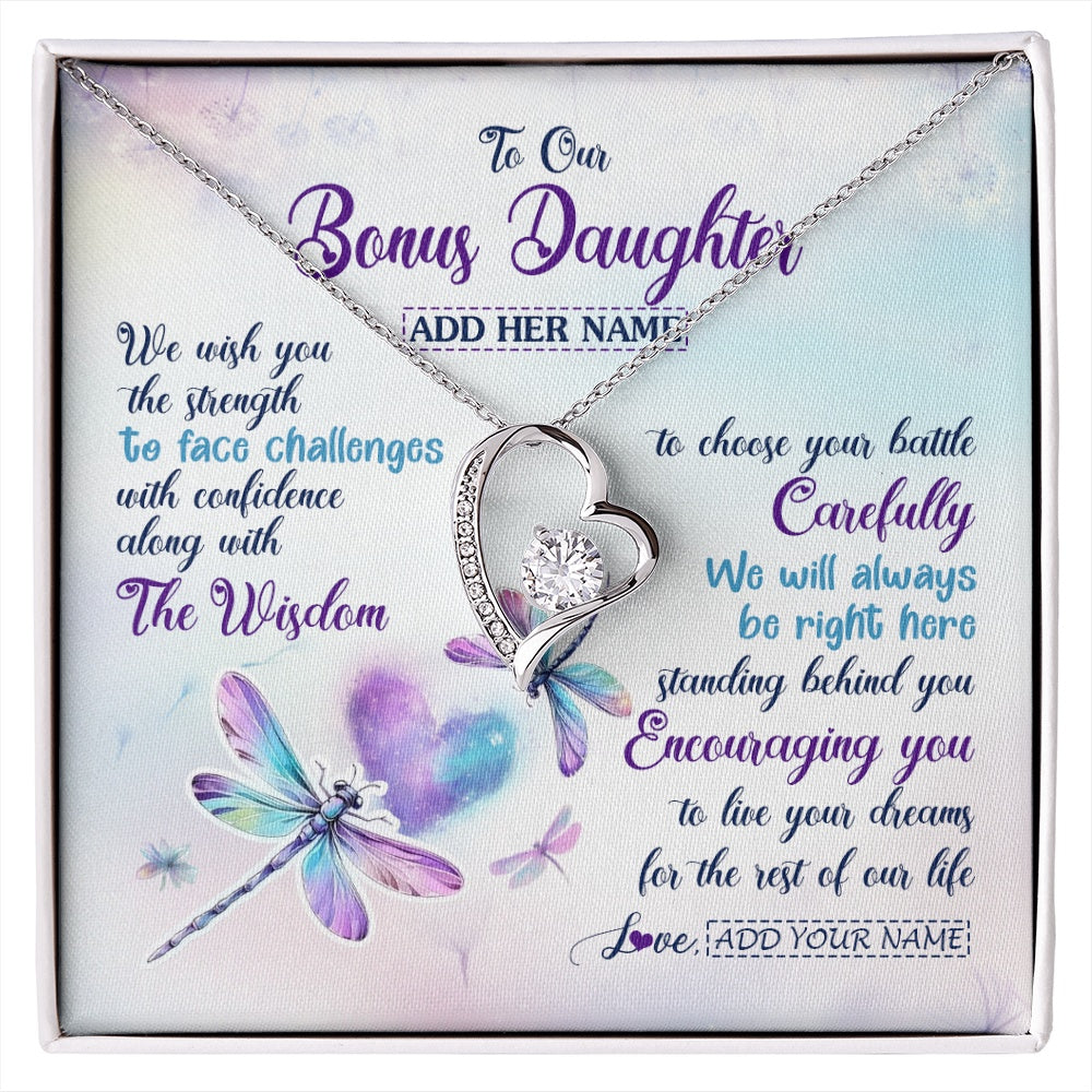 Forever Love Necklace 14K White Gold Finish | 1 | Personalized To Our Bonus Daughter Gifts Necklace From Stepmom Stepdad Always Be Right Here Dragonfly Birthday For Stepdaughter Christmas Gift Box Message Card | https://siriusteestore.