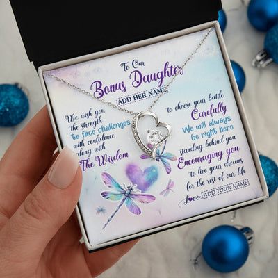 Forever Love Necklace 14K White Gold Finish | 2 | Personalized To Our Bonus Daughter Gifts Necklace From Stepmom Stepdad Always Be Right Here Dragonfly Birthday For Stepdaughter Christmas Gift Box Message Card | https://siriusteestore.