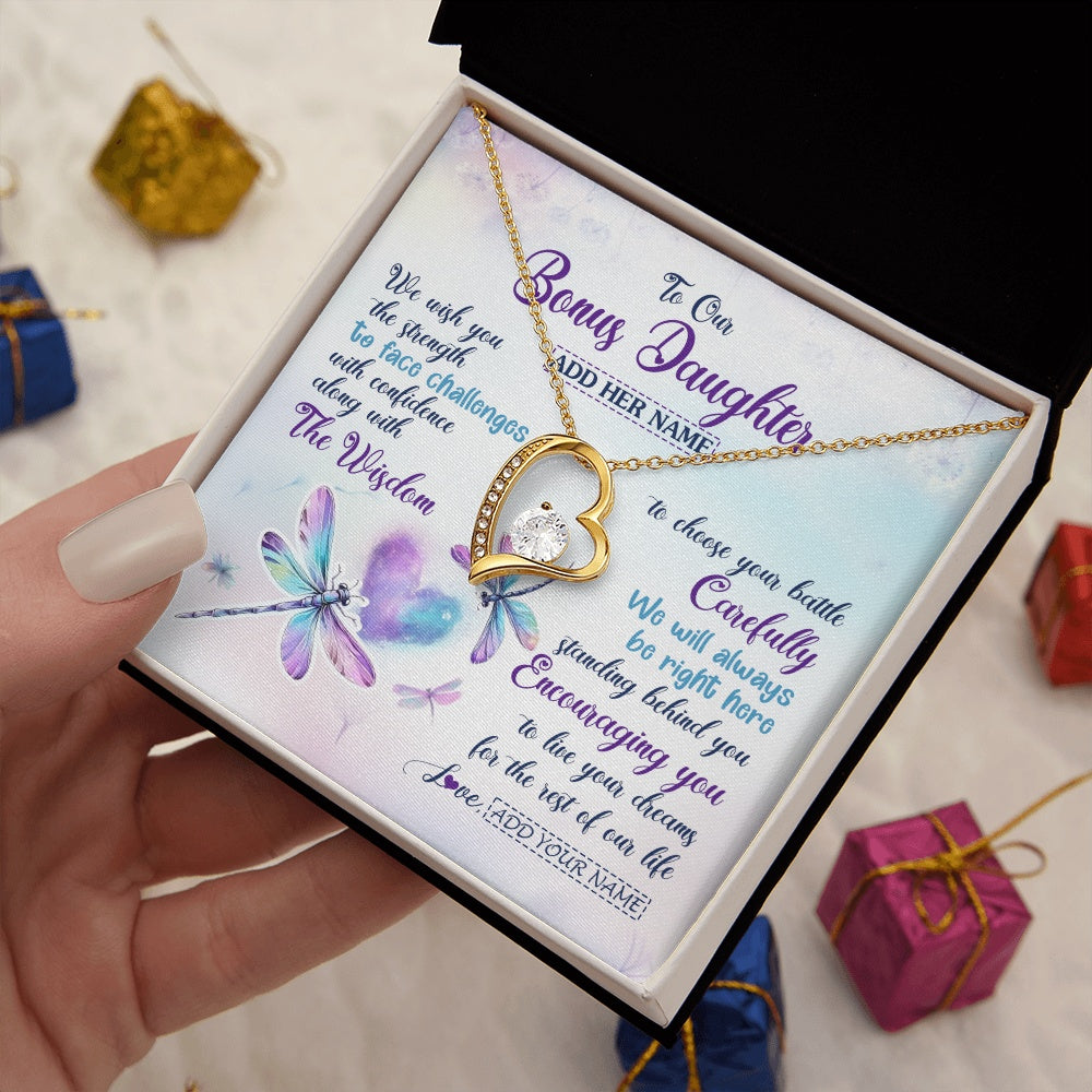 Forever Love Necklace 18K Yellow Gold Finish | 2 | Personalized To Our Bonus Daughter Gifts Necklace From Stepmom Stepdad Always Be Right Here Dragonfly Birthday For Stepdaughter Christmas Gift Box Message Card | https://siriusteestore.