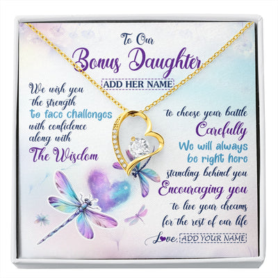 Forever Love Necklace 18K Yellow Gold Finish | 1 | Personalized To Our Bonus Daughter Gifts Necklace From Stepmom Stepdad Always Be Right Here Dragonfly Birthday For Stepdaughter Christmas Gift Box Message Card | https://siriusteestore.