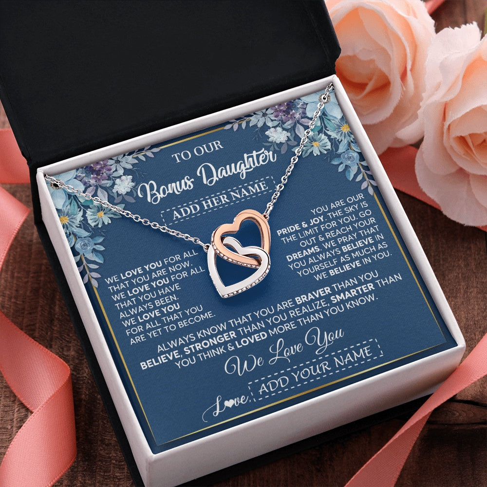 Interlocking Hearts Necklace Stainless Steel & Rose Gold Finish | 2 | Personalized To Our Bonus Daughter Necklace Gift From Stepdad We Love You Stepdaughter Birthday Gift Graduation Christmas Custom Gift Box Message Card | siriusteestore.myshopify
