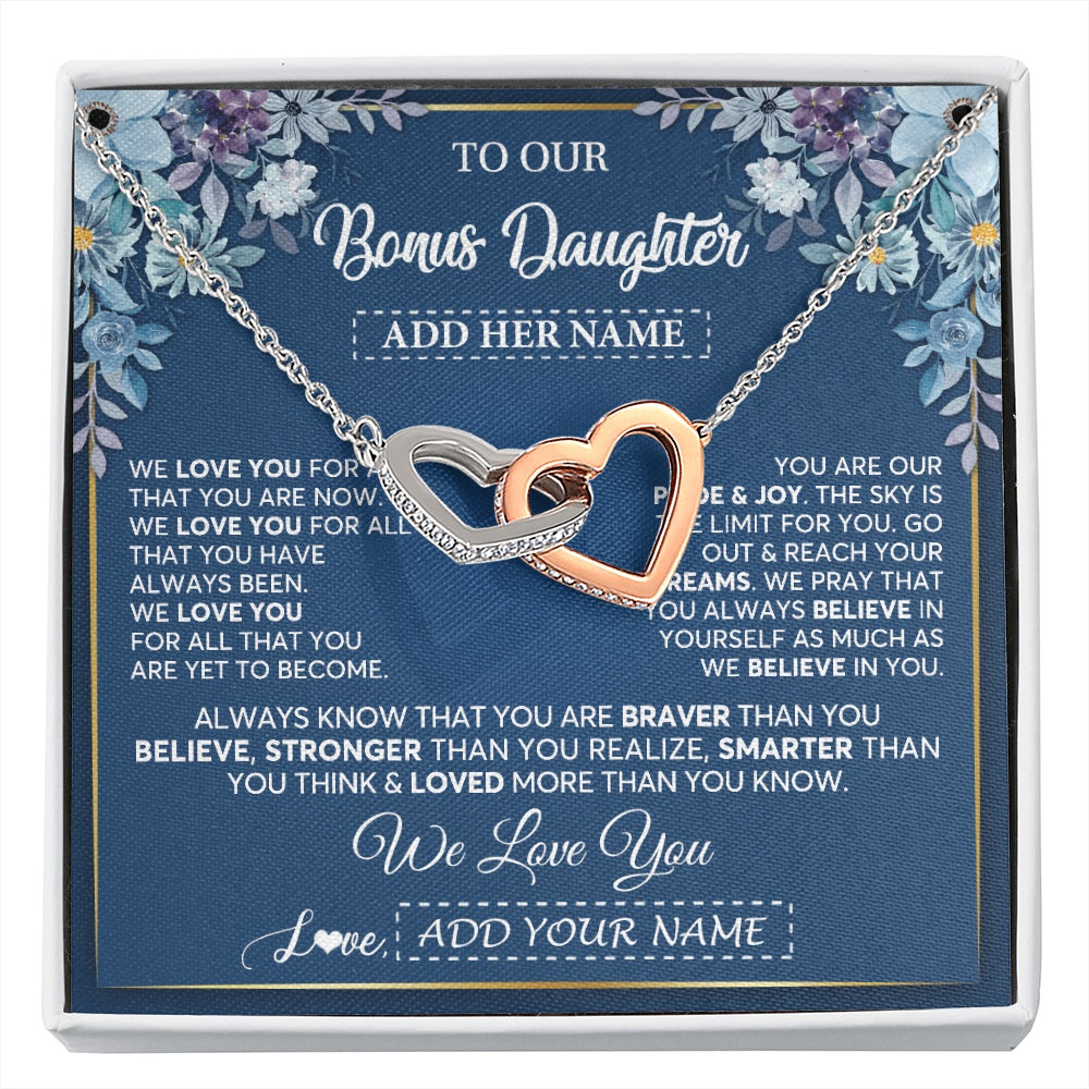 Interlocking Hearts Necklace Stainless Steel & Rose Gold Finish | 1 | Personalized To Our Bonus Daughter Necklace Gift From Stepdad We Love You Stepdaughter Birthday Gift Graduation Christmas Custom Gift Box Message Card | siriusteestore.myshopify