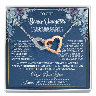 Interlocking Hearts Necklace Stainless Steel & Rose Gold Finish | 1 | Personalized To Our Bonus Daughter Necklace Gift From Stepdad We Love You Stepdaughter Birthday Gift Graduation Christmas Custom Gift Box Message Card | siriusteestore.myshopify