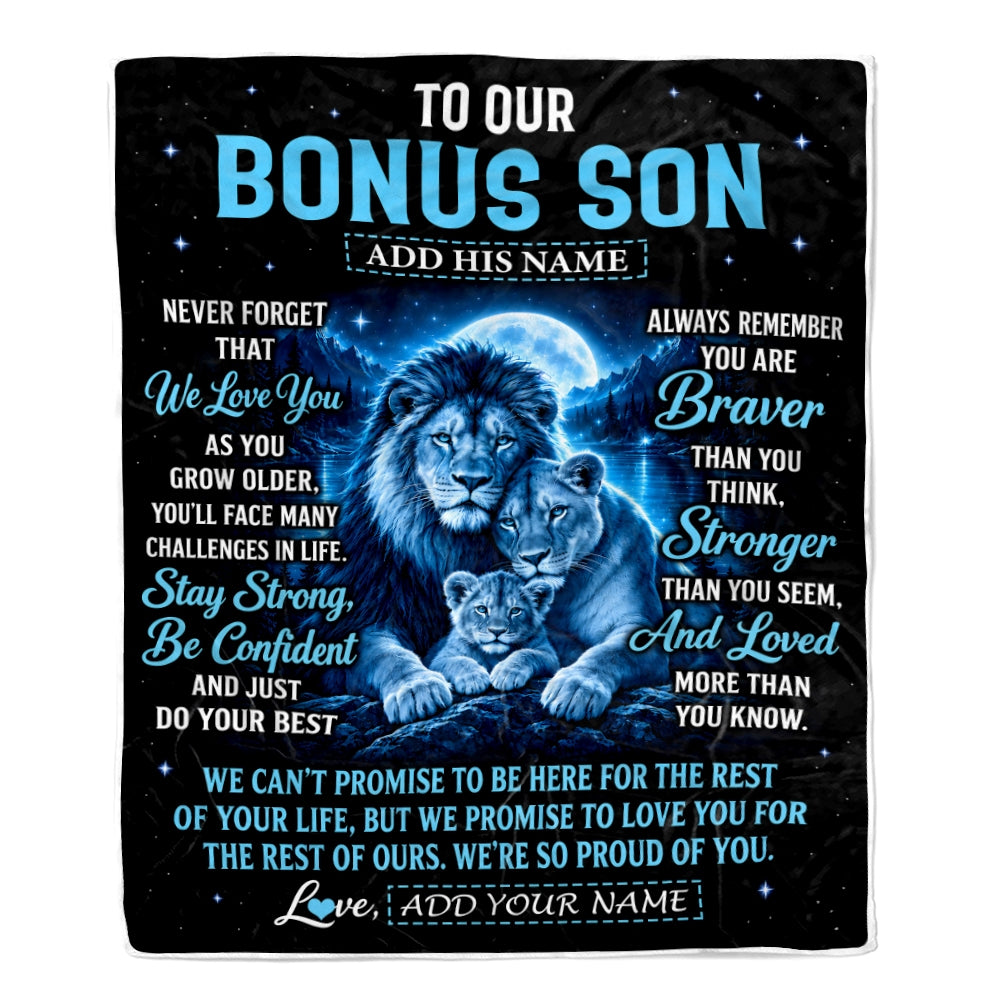 Personalized To Our Bonus Son Gift Blanket From Stepmother Stepdad Lion Love Letter Graduation Gift Stepson Birthday Gifts Christmas Fleece Throw Blanket | siriusteestore