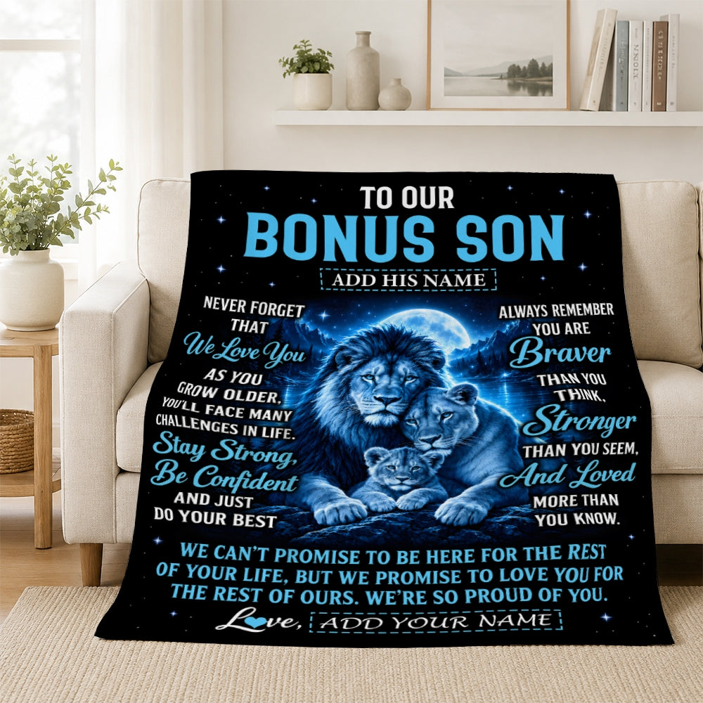 Personalized To Our Bonus Son Gift Blanket From Stepmother Stepdad Lion Love Letter Graduation Gift Stepson Birthday Gifts Christmas Fleece Throw Blanket | siriusteestore