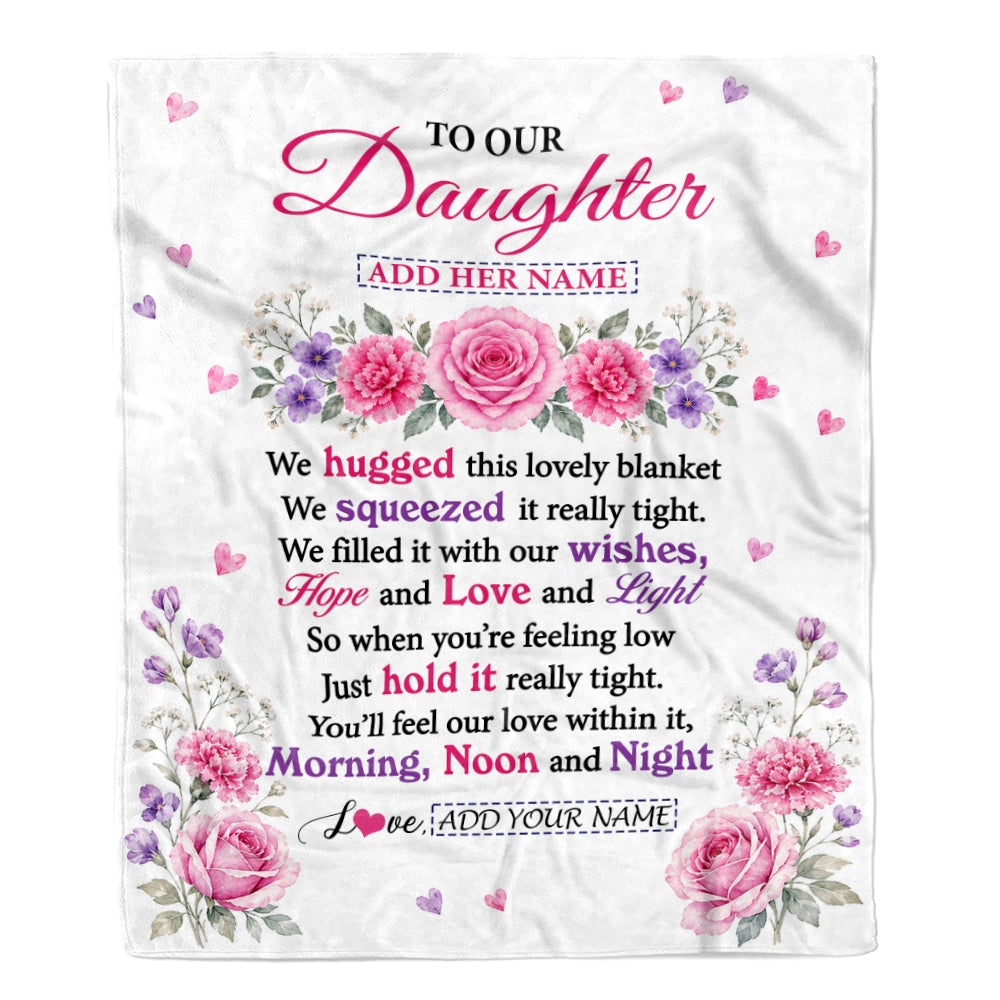Personalized To Our Daughter Gifts Blanket From Mom Dad Floral Purple Pink Lovely Message Birthday Gift For Daughter Graduation Christmas Custom Fleece Blanket | siriusteestore
