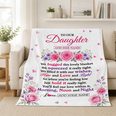 Personalized To Our Daughter Gifts Blanket From Mom Dad Floral Purple Pink Lovely Message Birthday Gift For Daughter Graduation Christmas Custom Fleece Blanket | siriusteestore