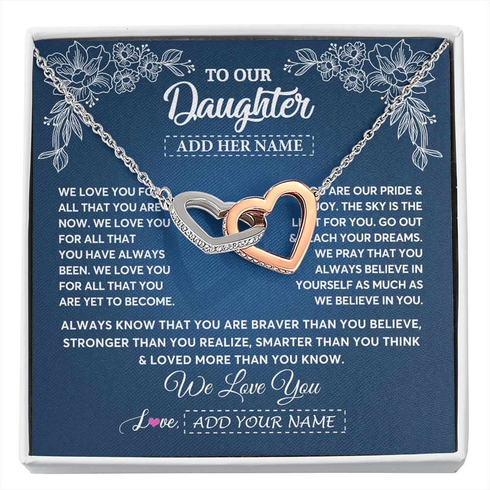 Interlocking Hearts Necklace Stainless Steel & Rose Gold Finish | 1 | Personalized To Our Daughter Gifts From Mom Dad Necklace We Love You Jewelry Present Gift For Daughter Birthday Christmas Custom Custom Gift Box Message Card | https://siriusteestore.