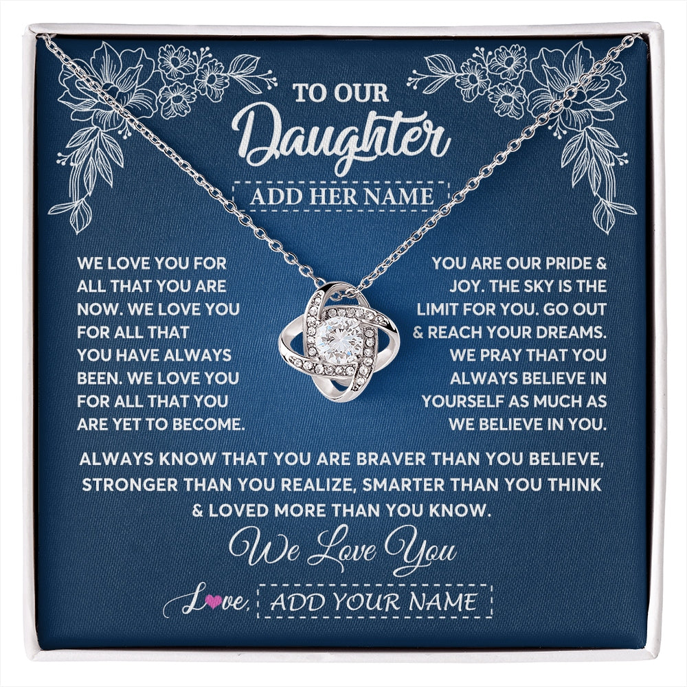 Love Knot Necklace 14K White Gold Finish | 1 | Personalized To Our Daughter Gifts From Mom Dad Necklace We Love You Jewelry Present Gift For Daughter Birthday Christmas Custom Custom Gift Box Message Card | https://siriusteestore.