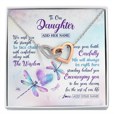 Interlocking Hearts Necklace Stainless Steel & Rose Gold Finish | 1 | Personalized To Our Daughter Gifts Necklace From Mom Dad Always Be Right Here Dragonfly Birthday For Daughter Christmas Custom Jewelry Gift Box Message Card | https://siriusteestore.