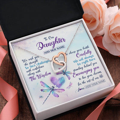Interlocking Hearts Necklace Stainless Steel & Rose Gold Finish | 2 | Personalized To Our Daughter Gifts Necklace From Mom Dad Always Be Right Here Dragonfly Birthday For Daughter Christmas Custom Jewelry Gift Box Message Card | https://siriusteestore.
