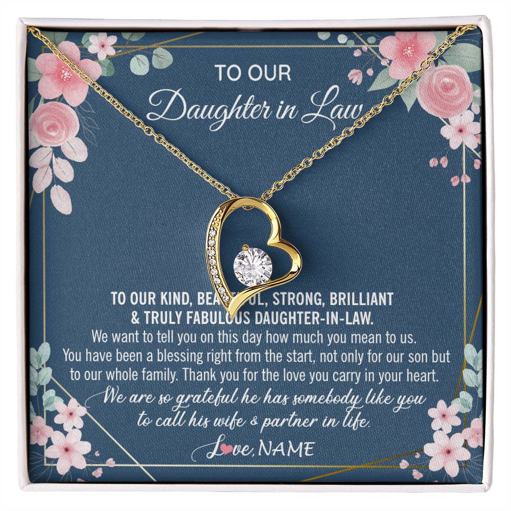 Forever Love Necklace 18K Yellow Gold Finish | 1 | Personalized To Our Daughter In Law Necklace On Wedding Day For Bride From Mother In Law Daughter In Law Jewelry Wedding Day Customized Gift Box Message Card | siriusteestore