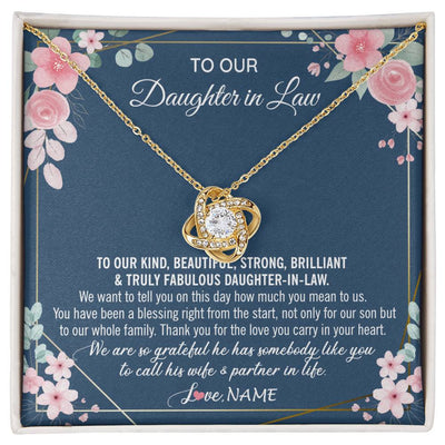 Love Knot Necklace 18K Yellow Gold Finish | 1 | Personalized To Our Daughter In Law Necklace On Wedding Day For Bride From Mother In Law Daughter In Law Jewelry Wedding Day Customized Gift Box Message Card | siriusteestore
