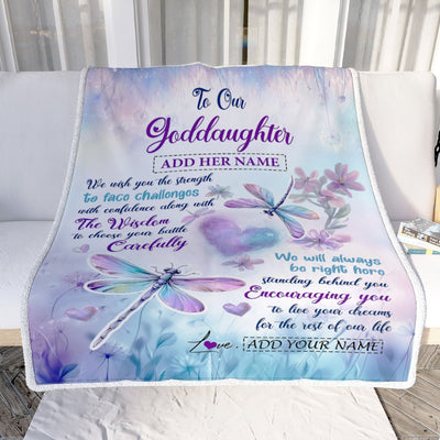 Personalized To Our Goddaughter Gifts Blanket From Godmother Always Be Right Here Dragonfly Birthday Gifts For Goddaughter Christmas Custom Fleece Blanket | siriusteestore