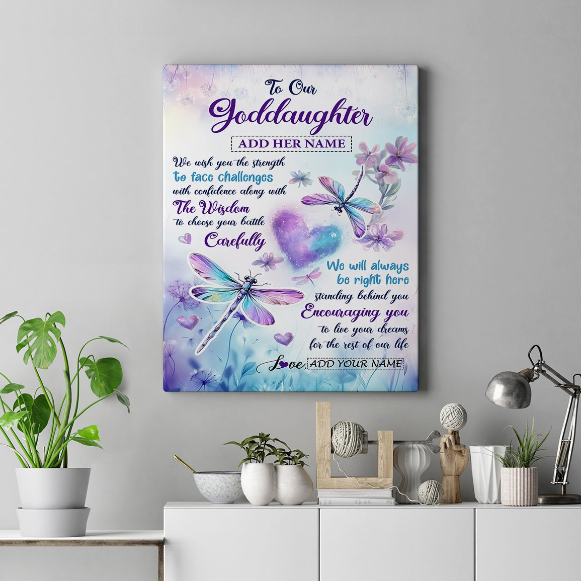 Personalized To Our Goddaughter Gifts From Godmother Always Be Right Here Dragonfly Birthday Gifts For Goddaughter Christmas Custom Wall Decor Wall Art Framed Canvas | siriusteestore
