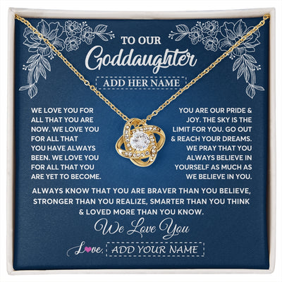 Love Knot Necklace 18K Yellow Gold Finish | 1 | Personalized To Our Goddaughter Gifts From Godmother Necklace We Love You Jewelry Present Gift Goddaughter Birthday Christmas Custom Gift Box Message Card | https://siriusteestore.