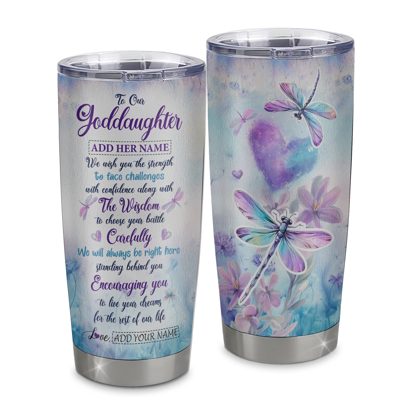 Personalized To Our Goddaughter Gifts Tumbler From Godmother Always Be Right Here Dragonfly Birthday Gifts Goddaughter Christmas Stainless Steel Insulated Custom Mug | siriusteestore