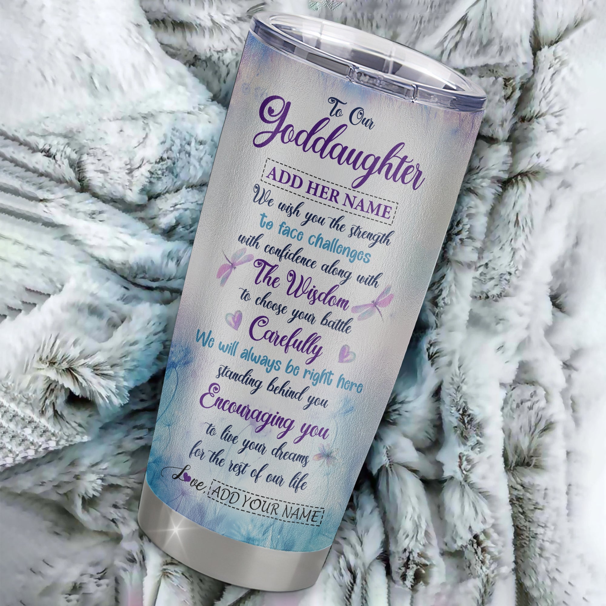 Personalized To Our Goddaughter Gifts Tumbler From Godmother Always Be Right Here Dragonfly Birthday Gifts Goddaughter Christmas Stainless Steel Insulated Custom Mug | siriusteestore