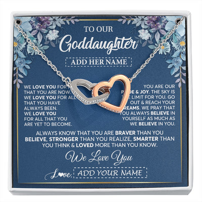 Interlocking Hearts Necklace Stainless Steel & Rose Gold Finish | 1 | Personalized To Our Goddaughter Necklace Gift From Godmother Uncle We Love You Goddaughter Birthday Gift Graduation Christmas Custom Gift Box Message Card | siriusteestore.myshopify